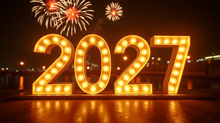 A dazzling night scene featuring the glowing 2027 numbers outlined in golden neon lights