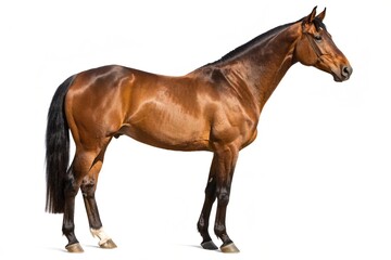 Naklejka premium Majestic Bay Sport Horse Galloping Isolated on White Background - Equestrian Thoroughbred Racing Stallion Image for Design Projects and Advertising