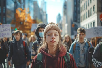 Fototapeta premium A young Caucasian woman stands confidently at the forefront of a lively protest, amidst a sea of passionate demonstrators.