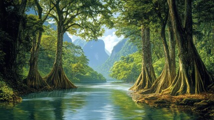 Fototapeta premium Lush tropical rainforest river landscape with ancient trees and verdant foliage