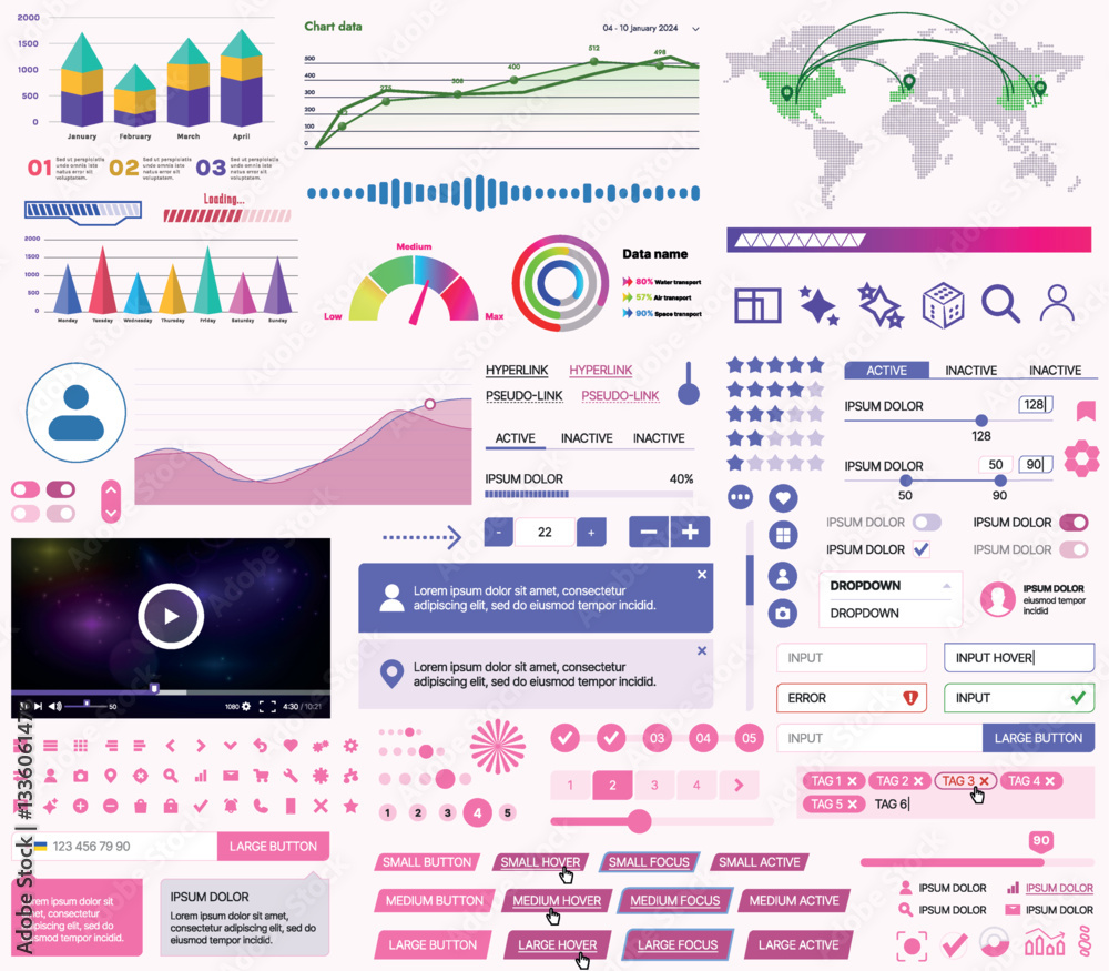 Fototapete a set of ui ux elements for financial applications and platforms: buttons, panels, charts, calendars
