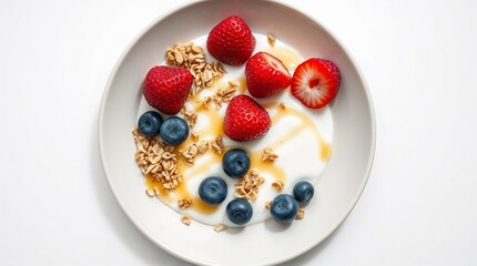 Nutritious Yogurt with Fresh Strawberries, Blueberries, Granola, and Honey Drizzle