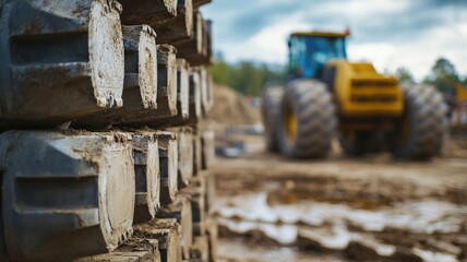 Fototapeta premium Close-up of neatly stacked concrete blocks on a construction site, showcasing building materials ready for installation, emphasizing texture, durability, and construction preparation. 