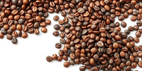 Fototapeta premium A rich, dark heap of roasted coffee beans isolated on white, food, coffee bean background