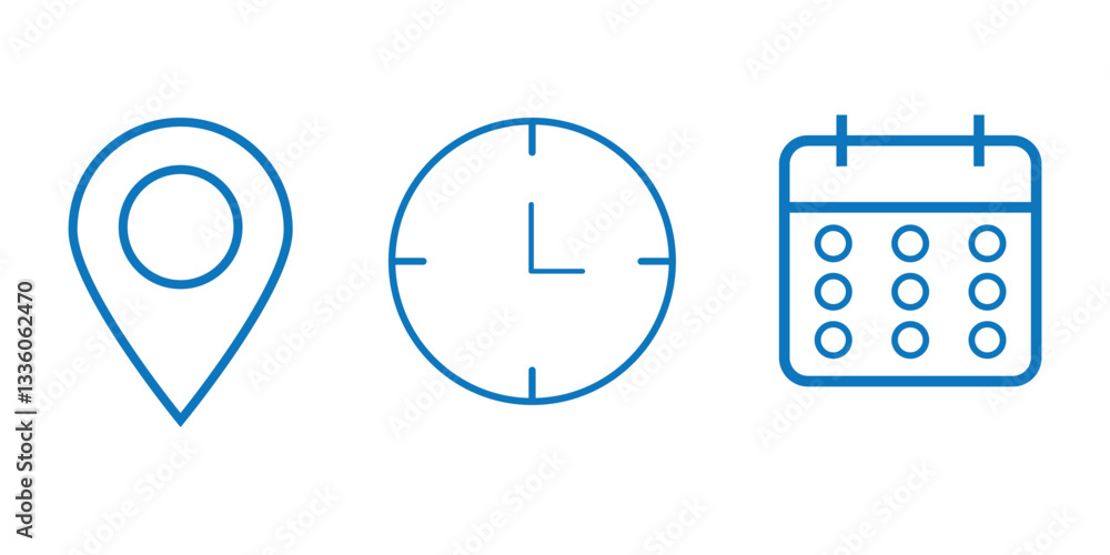Poster time, date and address or location icons. time, date and address vector collection. time, date and l