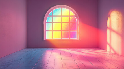 A minimalistic surreal illustration of a large window floating in midair, revealing a radiant Pride rainbow through the frame