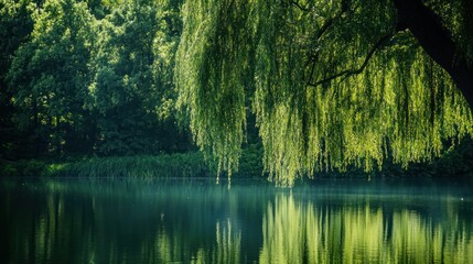 Serene weeping willow reflecting in tranquil waters, vibrant green nature scene