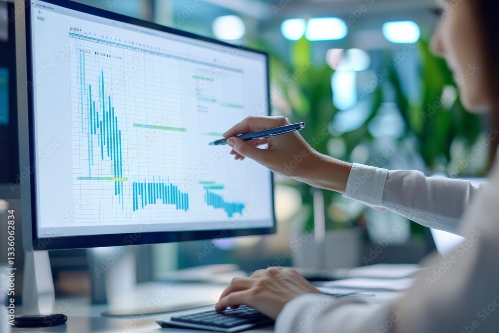 Poster businesswoman analyzing project timeline on computer screen with gantt chart in office setting