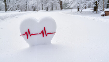 Heart-shaped snow sculpture with heartbeat line in snowy landscape