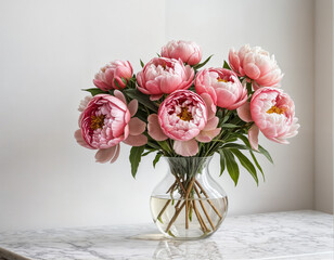 Obraz premium Beautiful fresh coral pink peony flowers in full bloom in the garden, close up. Summer natural flowery background. 