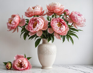 Beautiful fresh coral pink peony flowers in full bloom in the garden, close up. Summer natural flowery background. 