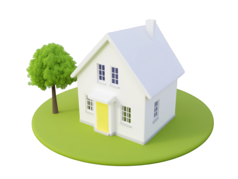 Modern 3D illustration of a charming house with green tree, ideal for real estate, home improvement, or architectural themes. Bright colors enhance appeal for various projects.