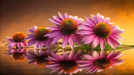Obraz premium Stunning High-Angle Echinacea Purples in Low Light Photography for Creative Design and Copy Space