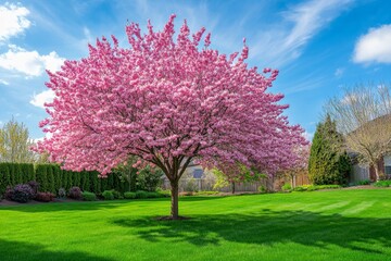 Vibrant cherry blossom tree in bloom on a sunny spring day