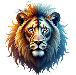 Obraz premium Majestic lion head portrait with fire and ice mane. Surreal illustration, vibrant contrast. Ideal for fantasy art, design projects. Isolated on transparent background.