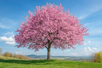 Fototapeta premium Vibrant cherry blossom tree in full bloom under clear blue sky