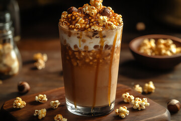 a photo of an iced coffee drink with caramel drizzle and rustic popcorn,