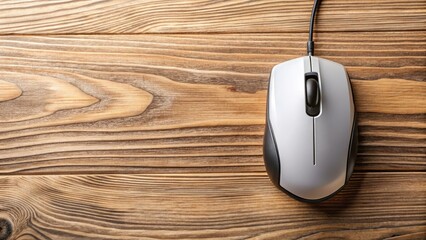 Gaming Mouse Flat Lay, Wooden Texture, Soft Feminine Aesthetic, Panoramic Product Photo