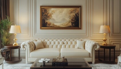 Elegant living room featuring a cream-colored tufted sofa, framed artwork, and decorative lamps