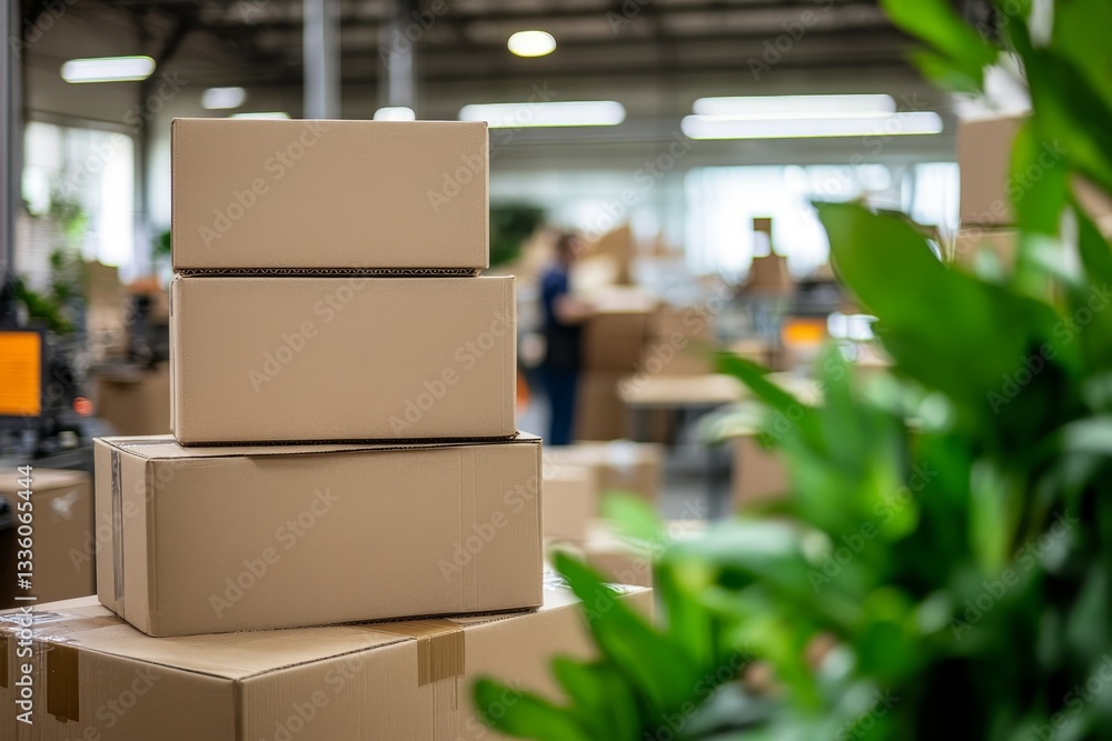 Poster stack of cardboard boxes in foreground with blurred warehouse and workers in warm daylight setting