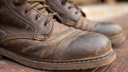 memorial day Worn leather boots with textured surface, showcasing their rugged charm and history. close up captures details of material and craftsmanship