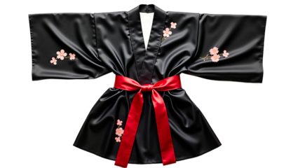 Black satin kimono, red sash, cherry blossom embroidery. Elegant Japanese fashion apparel. Isolated on white background.