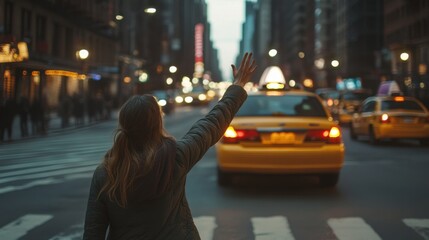 Woman Hailing Yellow Taxi on a Busy Urban Street During Twilight