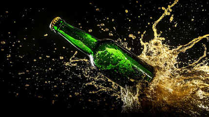 A green beer bottle with a gold cap is surrounded by a splash of liquid on a dark background.