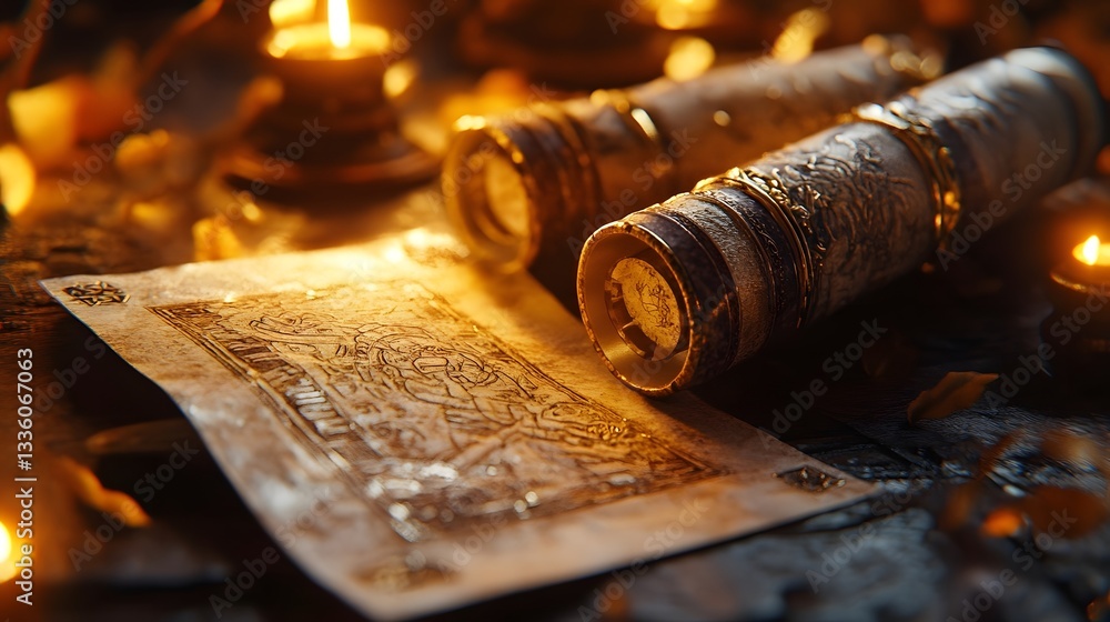 Poster ancient scrolls and a detailed parchment illuminated by flickering candlelight on a rustic table