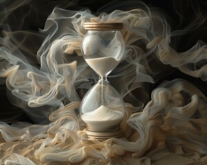An artistic representation of an hourglass surrounded by swirling smoke, symbolizing the passage of time and contemplation. A thought-provoking image perfect for introspection.