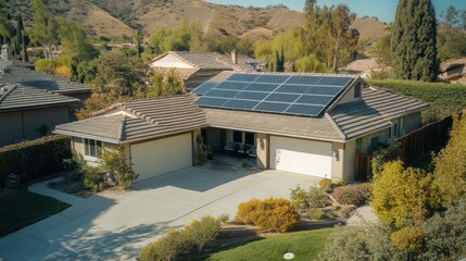 Suburban home featuring solar panels on roof generating clean renewable energy