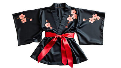 Elegant black satin Japanese kimono with cherry blossom embroidery and vibrant red sash, laid flat. Isolated on white background for fashion, cultural designs, greeting cards.