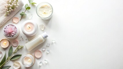 Flat Lay Wellness Essentials: Soft Feminine Skincare & Self-Care Products on White Background