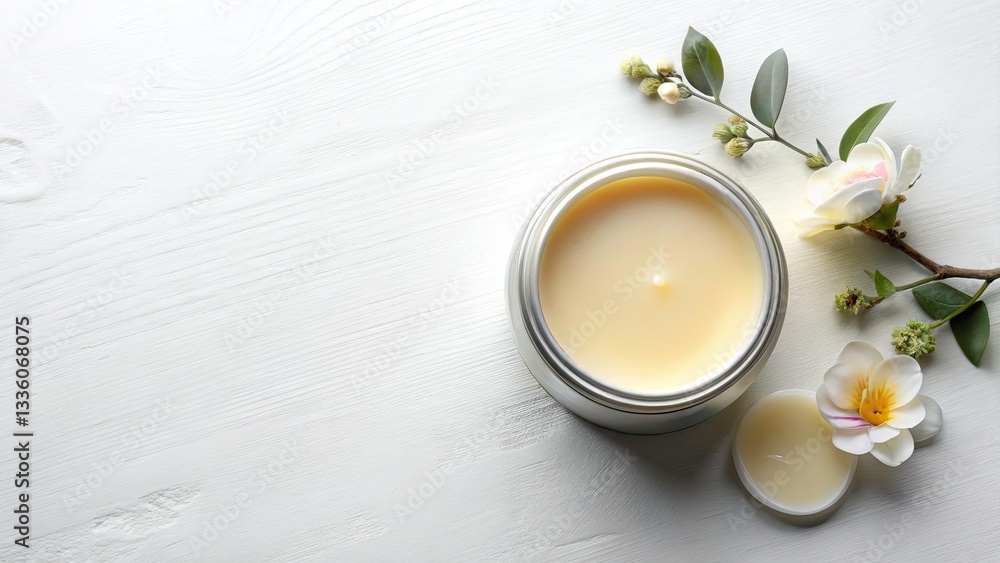 Poster high-angle view of a wax balm jar on white background with copy space for branding and design elemen
