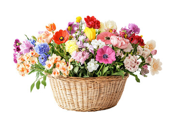 Colorful flower bouquet in wicker basket isolated on transparent background.