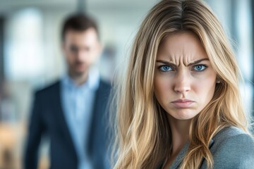 Irritated blonde businesswoman in office with angry expression and blurred male figure behind her