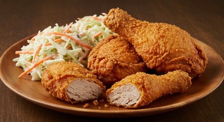 Crispy Fried Chicken with Coleslaw on Wooden Plate Delicious Southern Comfort Food