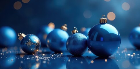 Deep blue Christmas spheres, elegant design, reflective surface, christmas balls, blue ornaments, decor