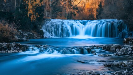 Mesmerizing Blue Waterfall in a Lush Green Forest – Serene Nature Scenery. blue waterfall, highlighting its mesmerizing turquoise or azure colors and contrasting scenery

