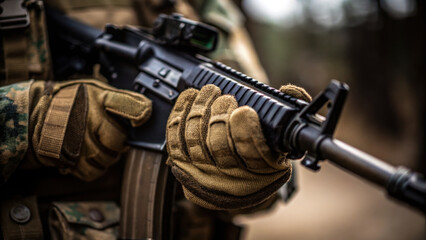 Obraz premium memorial day Close up of soldier gloved hand gripping rifle, showcasing military gear and focus. image conveys sense of readiness and determination