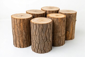 Obraz premium Natural Wooden Logs Collection for Eco-Friendly Design Projects Isolated on White Background - Set of Five Timber Logs for DIY Crafts and Home Decor
