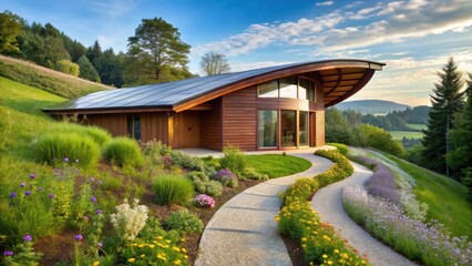 Fototapeta premium Modern Eco-Friendly Hillside Residence with Solar Panels and Curving Walkway Featuring Vibrant Flower Gardens