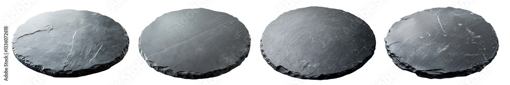 Poster set of round slate serving plates with natural texture, isolated on transparent cutout background