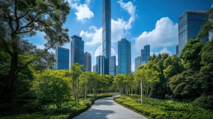 Obraz premium Urban park path with skyscrapers, sunny day, ideal for business promotion