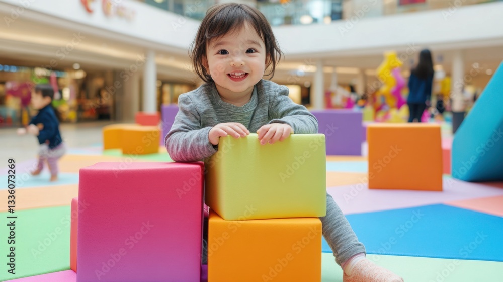 Poster a young child sitting on a colorful padded floor in a shopping mall play area, stacking large foam b