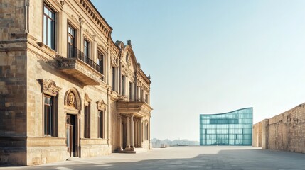 Architectural juxtaposition of an old structure and a new building