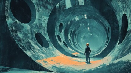 Worker inspecting the complex interior of a concrete industrial structure design