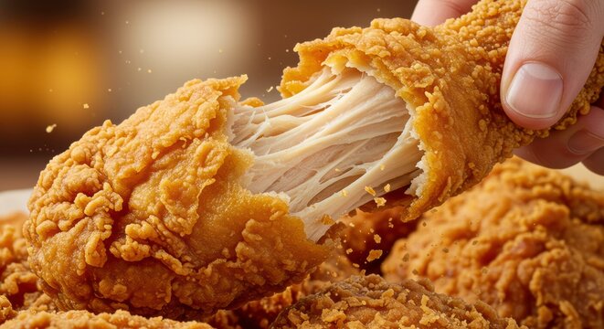 Crispy Fried Chicken Leg Being Pulled Apart Showing Juicy Texture Close up Food Photography