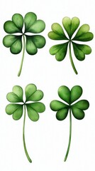 Watercolor Luck Four Leaf Clover Collection Saint Patricks Day Decoration Good Fortune Amulet Fresh Spring Greens