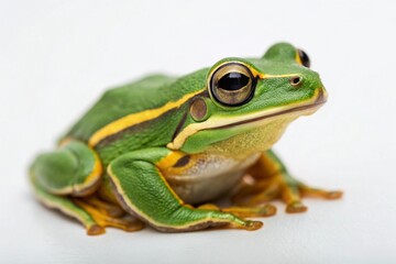 Obraz premium Vibrant Green Tree Frog Sitting on White Background, Beautiful Isolated Amphibian in Nature, Exotic Wildlife Image for Design Projects